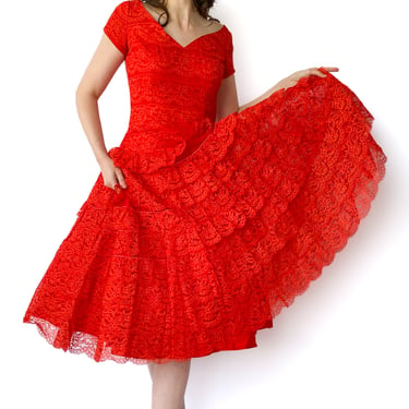 1950s Red Orange Ruffle Lace Party Dress, sz. S