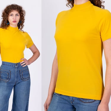 70s Mod Yellow Mockneck Top - Medium | Vintage Short Sleeve High Neck Shirt 