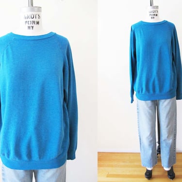 Vintage 80s Turquoise Blue Raglan Sweatshirt M L  - 1980s Paper Thin Worn In Baggy Crewneck Pullover Sweater 