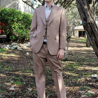 70s Mens Clothing | Three Piece Suit, 70s Mens Suit, Hipster Suit Men, Pinstriped Suit, Two Buttons, Beallpark Imperial 3 piece suit, 42R 