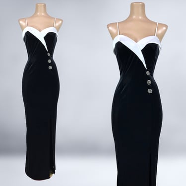 VINTAGE 00s Y2K Black Velvet Tuxedo Formal Dress By Betsy & Adam Sz 6 NWT | 2000s Gothic Bombshell Prom Gown | Black Tie Slip Dress | VFG 