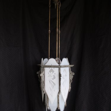 Antique Art Deco 4 Light Hanging Pendant Lamp Chandelier With Stenciled Frosted Glass Panels 