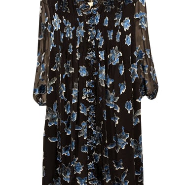 Diane von Furstenberg - Black & Blue Floral Print Silk Chiffon Dress Sz L