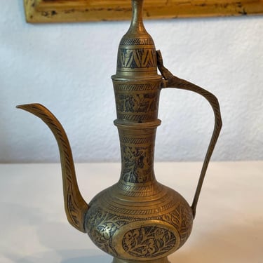 Vintage Etched Brass  Pitcher | Metal Decorative Pitcher |  Metal Genie Bottle Pitcher | Small Teapot Decor 