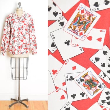 vintage 80s top red playing card print novelty blouse shirt button up L XL clothing 
