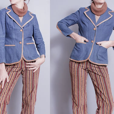 Vintage 1970's | Denim | 100% Cotton | Fitted | Blazer | Jacket | S 