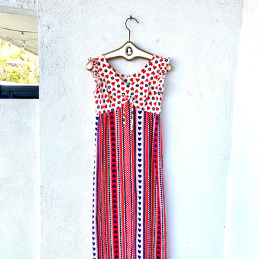 Vintage 70s Hawaiian Hearts Cottage Dress Striped Ruffle Empire Waist Red White and Blue 