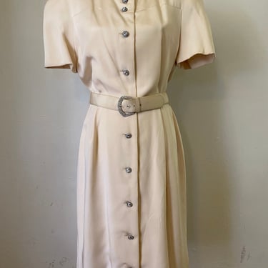 Vintage Carolina Herrera Couture Ivory Silk Rhinestone Belt Midi Dress - Short Sleeve Fitted Gown 