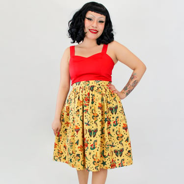 Halloween Pleated Circle Skirt - Mustard Vintage Tattoos 