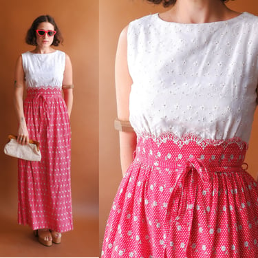 Vintage 70s Floral and Eyelet Cotton Maxi Dress/ 1970s Red White Dress/ Size Medium 
