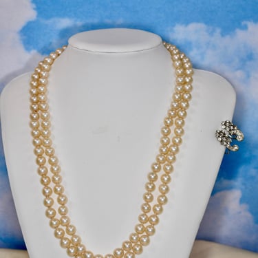 Vintage Art Deco Double Strand Faux Glass Pearl Necklace Crystal & Pearl Screw Back Earrings Hand Knotted Gift Her or Bride Birthday Gift 