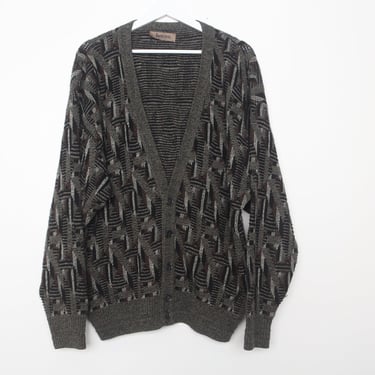 vintage black and grey knit CARDIGAN 90s grunge chunky knit SWEATER --- size Large 