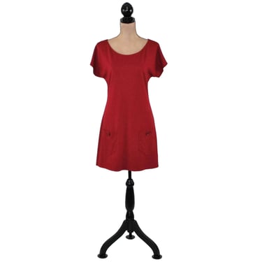 S - Y2K Casual Red Mini Dress Small, Short A Line Scoop Neck Patch Pockets, Everyday Comfortable Jersey Knit, Minimalist 2000s Clothes Women 