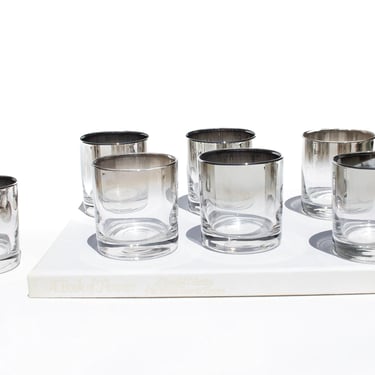 Vintage Set of 7 Silver Fade Shot Glasses, Ombre Silver Glassware, Silver Band Cocktail Glasses, Mercury Silver 