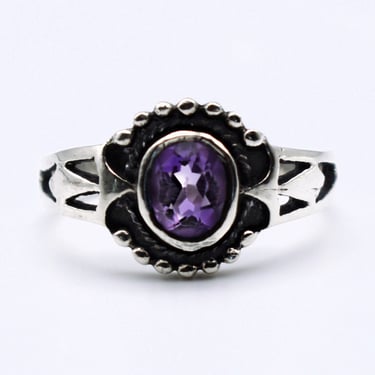 70's beaded sterling amethyst size 7.25 solitaire, oxidized 925 silver purple bling ring 