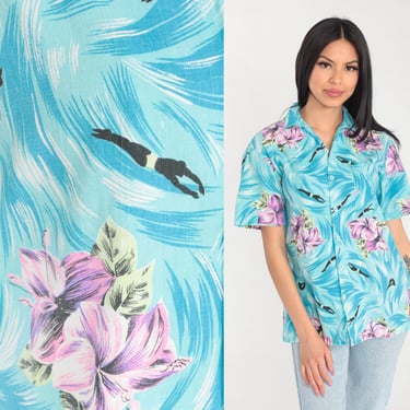 Swimming Shirt 90s Tropical Floral Button Up Shirt Blue Swimmer Hibiscus Flower Print Surfer Short Sleeve Vintage 1990s Cotton Mens Medium 