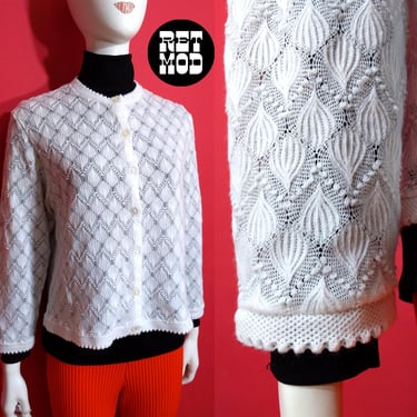 Pretty Vintage 60s 70s Bright White Lightweight Bargello Weave Cardigan 