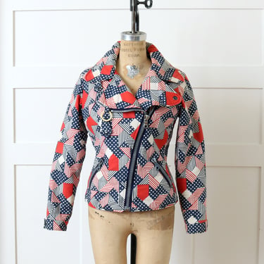 vintage 1970s moto style ski jacket • calico quilt print women's puffer jacket • dots & stripes 