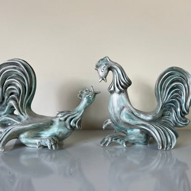 1960's Jodie Art Pottery Roosters Sculptures - a Pair 