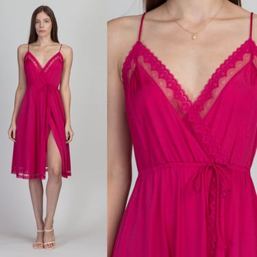 70s Vanity Fair Pink High Slit Slip Dress - Small | Vintage Lace Trim Negligee Mini Wrap Nightie 