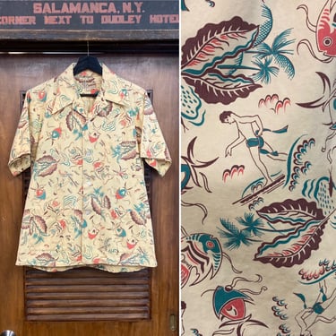 Vintage 1930’s Cartoon Surfer x Fish Cotton Twill Cabana Hawaiian Shirt, Rare Print, 30’s Vintage Clothing 