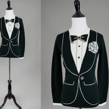 70s Trompe L'oeil Sweater - Black White Gray Tux Design Knit - The Italian Mob by Byron Scala - Vintage 1970s - S M L 