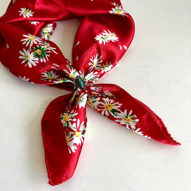 Red Silky Square Vintage Daisy Floral Retro Print Neck Tie Scarf Bandana 
