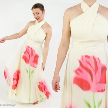 1950s Creme Silk Flower Print Evening Dress | 50s Ivory & Pink Floral Halter Evening Dress | Fred Perlberg Original | Small 