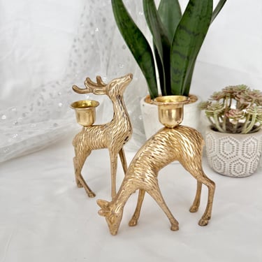 Brass Deer Candle Holders, Set 2, Sculptural, Woodland, Doe and Buck, Mid Century Home Decor, Vintage 