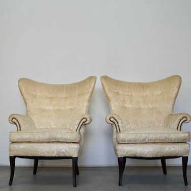 Pair of 1950's Butterly Wingback Chairs in Silk 