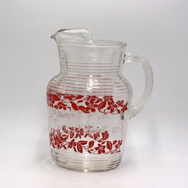 vintage Clear Glass pitcher with Ice Lip Floral Clematis Pattern in Red and White 