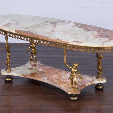 Antique French Baroque Style Brass Coffee Table W/ Onyx Marble 