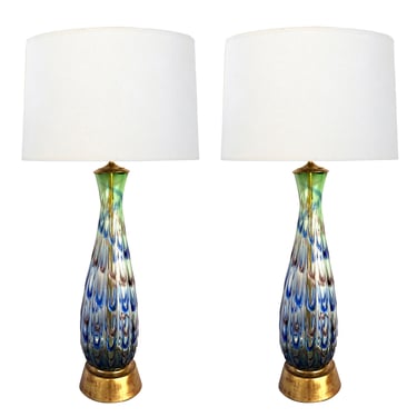 Large Pair of Murano 1960's Thumb-print Drip Pattern Art Glass Lamps
