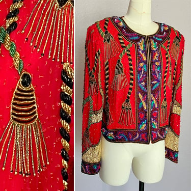 FABULOUS Sequins Jacket Blazer, Tassels Pattern, All Over Beads Sequins, Silk, Vintage 80s 90s 