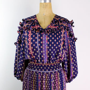 80s Vintage Diane Freis Dress / 1980s Printed Puff Sleeves Dress Pleated Dress / Georgette Accordion Dress/ Ruffles Dress / Size M/L/XL 