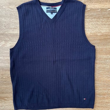 90s Tommy Hilfiger Cotton Sweater Cable Knit Navy Vest Large Golf 