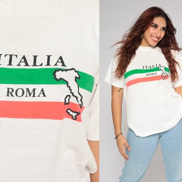 Rome Italy Shirt 90s Roma Italia Graphic Tee Italian Flag T Shirt Retro Tourist Travel Top Single Stitch White Vintage 1990s Medium Large 