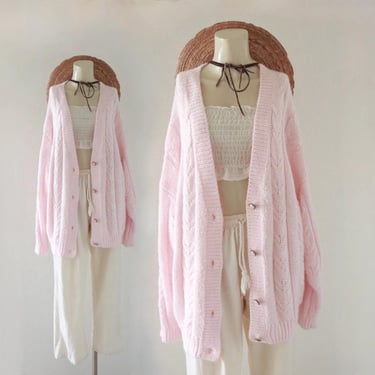 oversized cable cardigan - vintage womens long sleeve blush pink plus size cottage cottagecore sweater 