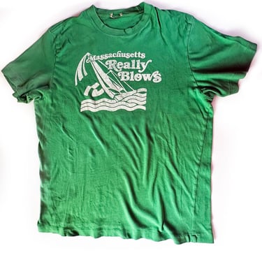 80s Vintage MASSACHUSETTS REALLY BLOWS T-Shirt Green Sailing Abercrombie and Fitch Muscle 1990's A&F Preppy Beach Boats 1970's 