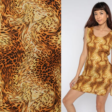 Leopard Print Dress Y2k Animal Print Mini Dress Shift Vintage Tank Dress 00s Sleeveless Party Cheetah Spot Retro One Size Small Medium Large 