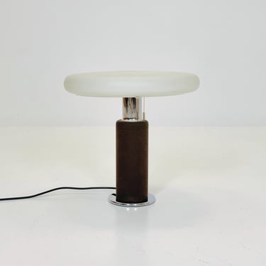 Rare Mid-Century Postmodern Table Lamp by Hillebrand | German Design | Frosted Glass Shade, Leather brown Base, 1980s Germany 