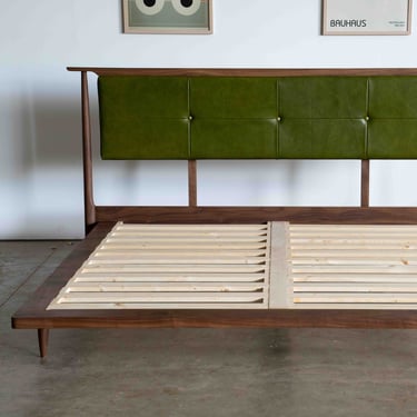 Mid Century Modern Platform Bed Frame Storage Optional / Leather Upholstered Headboard 