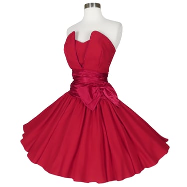 Vintage 80s 90s Red Strapless Full Circle Skirt Prom Cocktail Party Dress S Small Pointy Bust Short  Big Bow Glam HoCo Homecoming Dance 