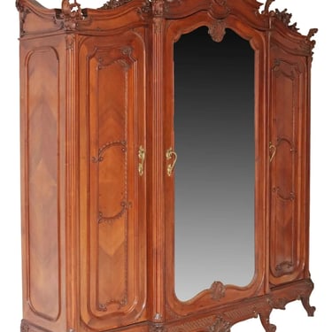 Antique Armoire, Louis XV Style Carved, Walnut, Mirrored, 3 Door, Crest, 1800s!