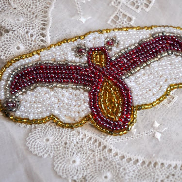 Antique Art Deco Applique 1920's Flapper Glass Seed Beaded Perfect Condition Collectible Dress Embellishment Antique Red White & Gold 