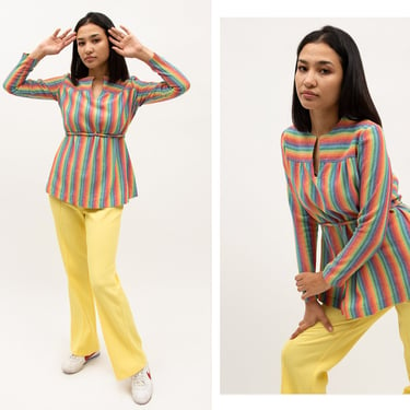 Vintage 1970s 70s Striped Rainbow Long Sleeve Tunic Blouse w/ Long Sleeves Trapeze Silhouette Detachable Belt 
