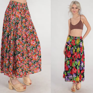 Floral Maxi Skirt 90s Reversible Tiered Broomstick Skirt Flower Print Summer Festival Long Flowy Drawstring Boho Vintage 1990s Small Medium 