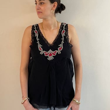 Y2K silk chiffon top / vintage black sheer silk chiffon embellished sleeveless blouse top | Medium 