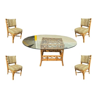 Restored Rattan Dining Table & Chairs w/ Leopard Print Cushions 