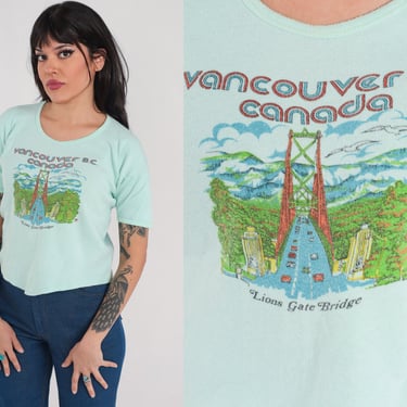 Vancouver BC Shirt 80s Canada T-Shirt Lions Gate Bridge Graphic Tee Retro Tourist Travel Top Single Stitch Mint Green Vintage 1980s Medium M 